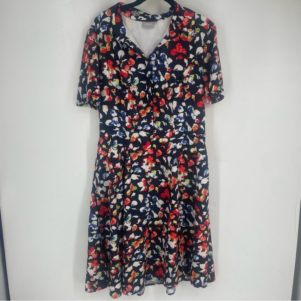 Eshakti Plus Size 1X Navy Blue Art To Wear Shirt Dress Short Sleeve Colorful